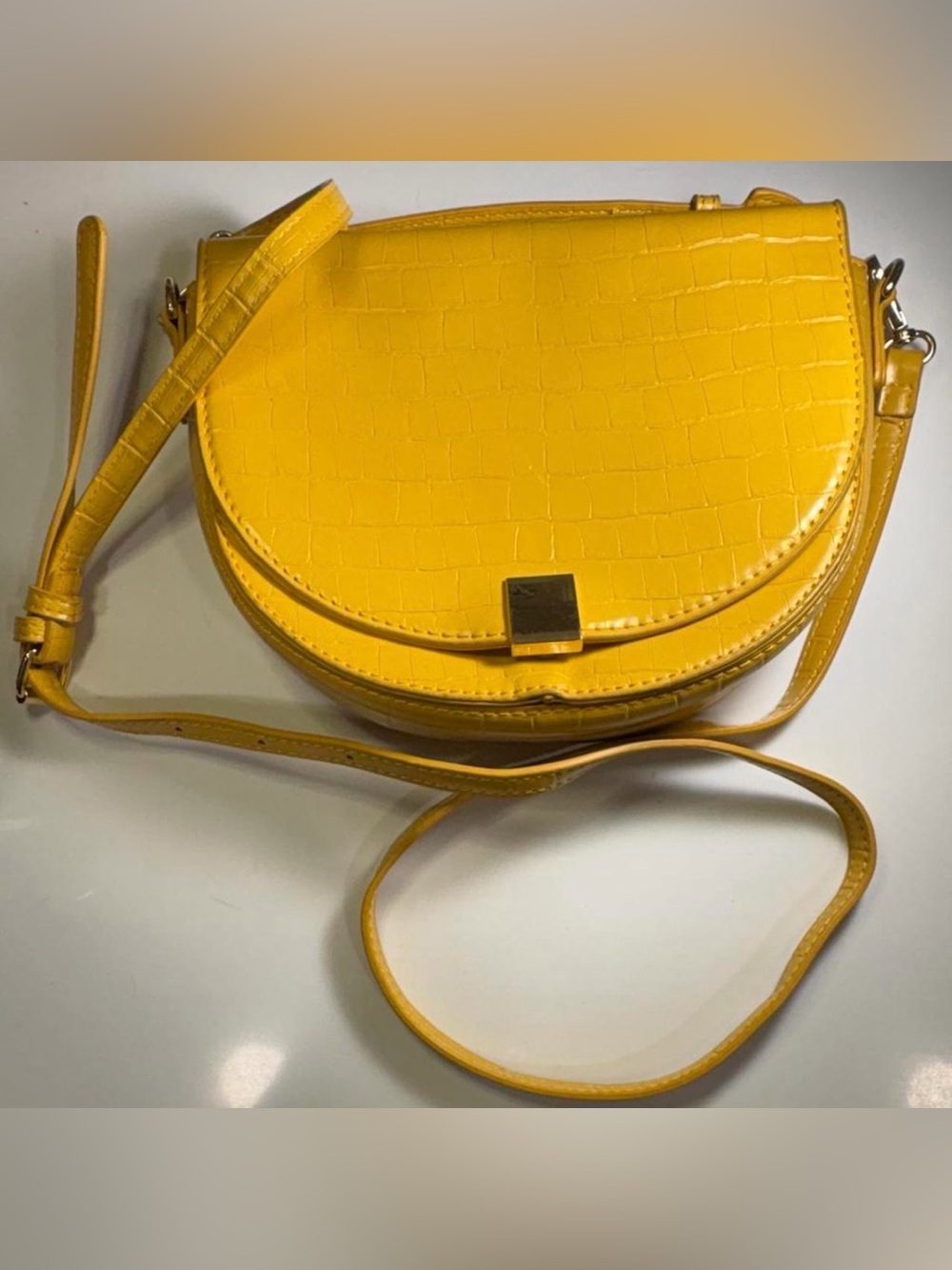 Madison West Yellow Croc-Embossed Half Moon Crossbody Bag